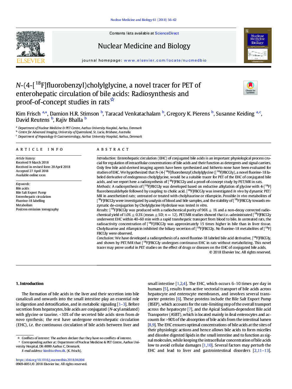 N-(4-[18F]fluorobenzyl)cholylglycine, a novel tracer for PET of enterohepatic circulation of bile acids: Radiosynthesis and proof-of-concept studies in rats