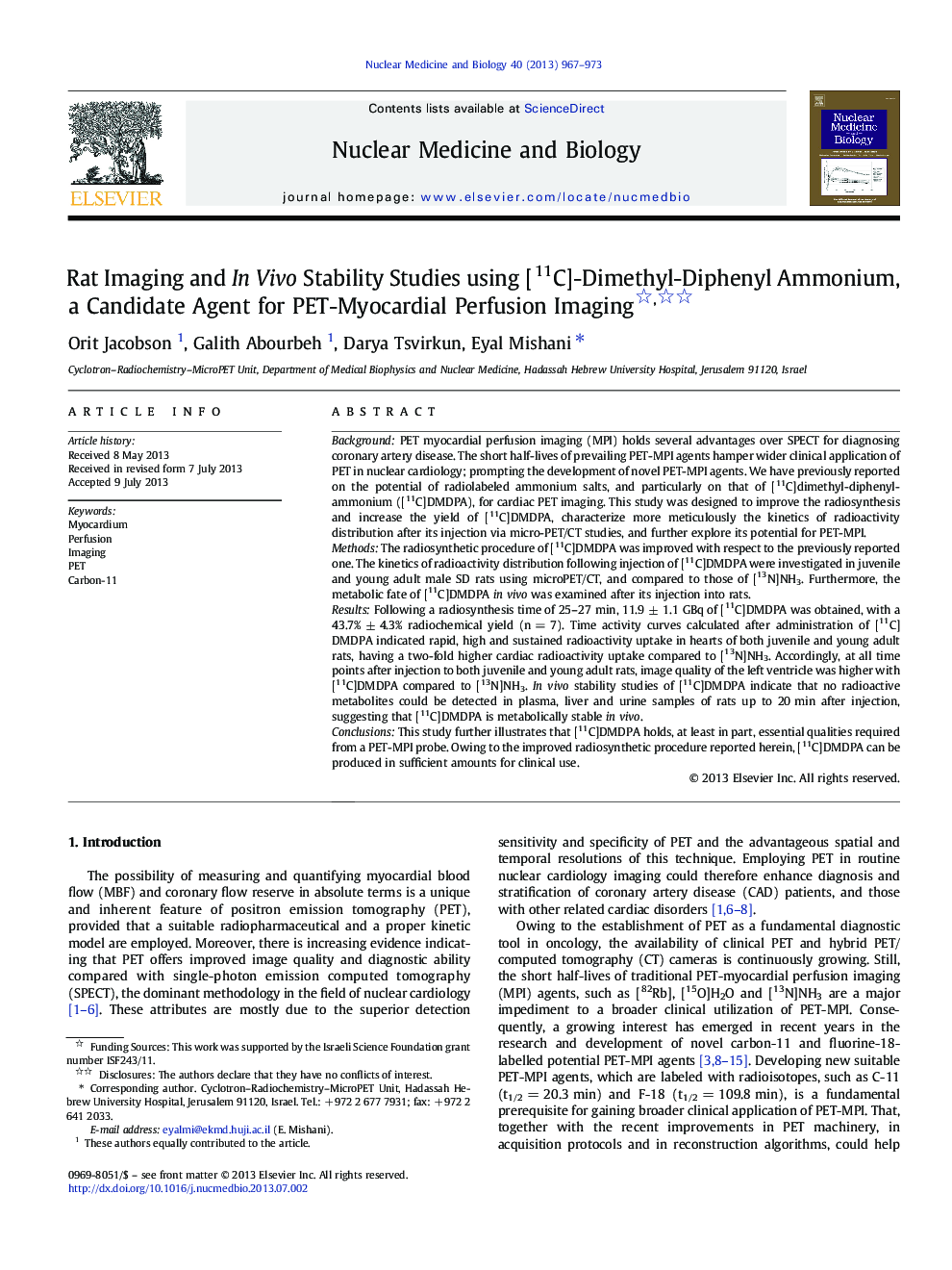 Rat Imaging and In Vivo Stability Studies using [11C]-Dimethyl-Diphenyl Ammonium, a Candidate Agent for PET-Myocardial Perfusion Imaging