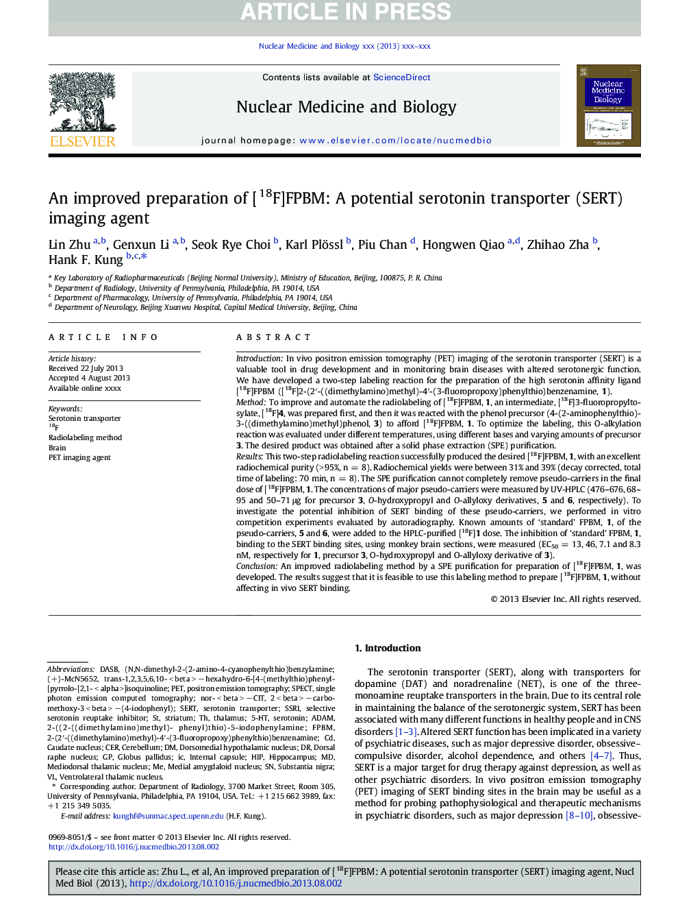 An improved preparation of [18F]FPBM: A potential serotonin transporter (SERT) imaging agent