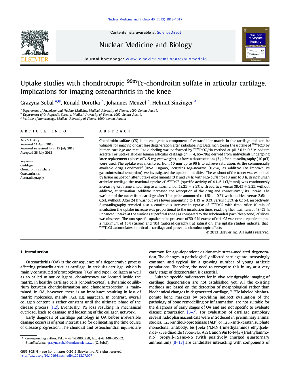 Uptake studies with chondrotropic 99mTc-chondroitin sulfate in articular cartilage. Implications for imaging osteoarthritis in the knee