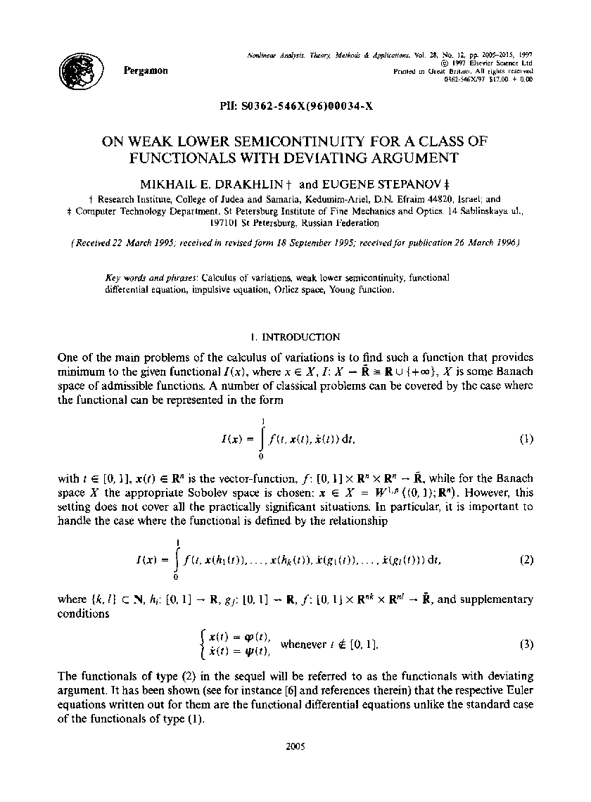 On weak lower semicontinuity for a class of functionals with deviating argument