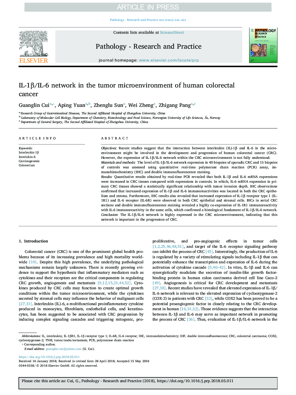 IL-1Î²/IL-6 network in the tumor microenvironment of human colorectal cancer