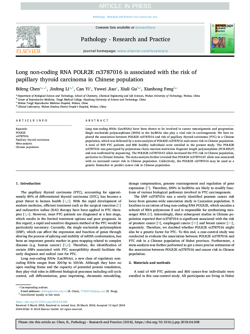 Long non-coding RNA POLR2E rs3787016 is associated with the risk of papillary thyroid carcinoma in Chinese population