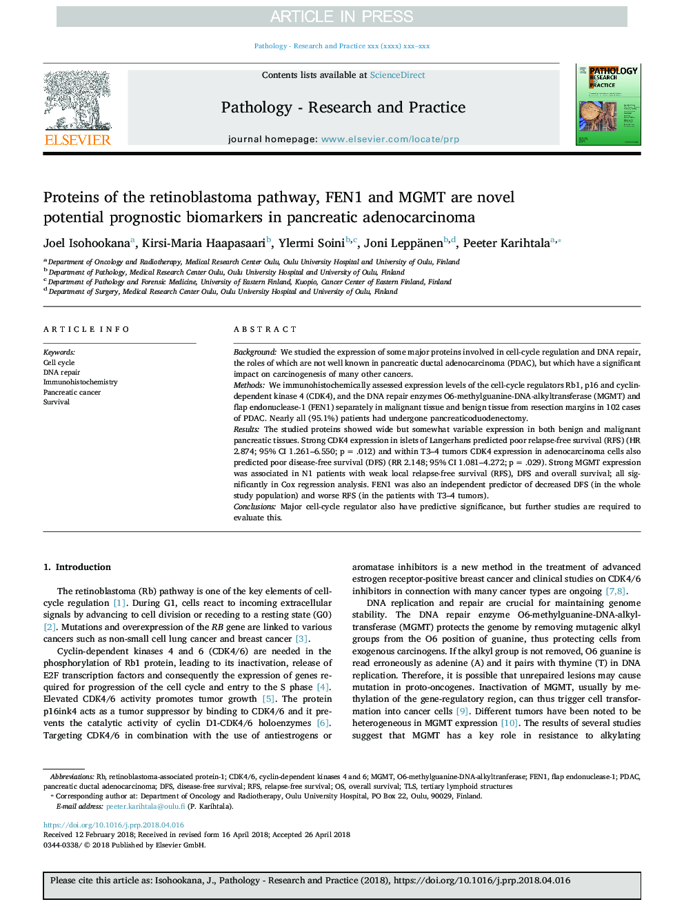 Proteins of the retinoblastoma pathway, FEN1 and MGMT are novel potential prognostic biomarkers in pancreatic adenocarcinoma