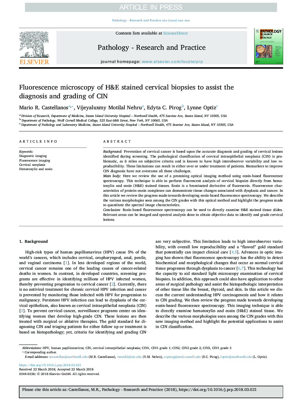 Fluorescence microscopy of H&E stained cervical biopsies to assist the diagnosis and grading of CIN