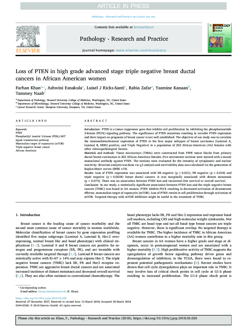 Loss of PTEN in high grade advanced stage triple negative breast ductal cancers in African American women