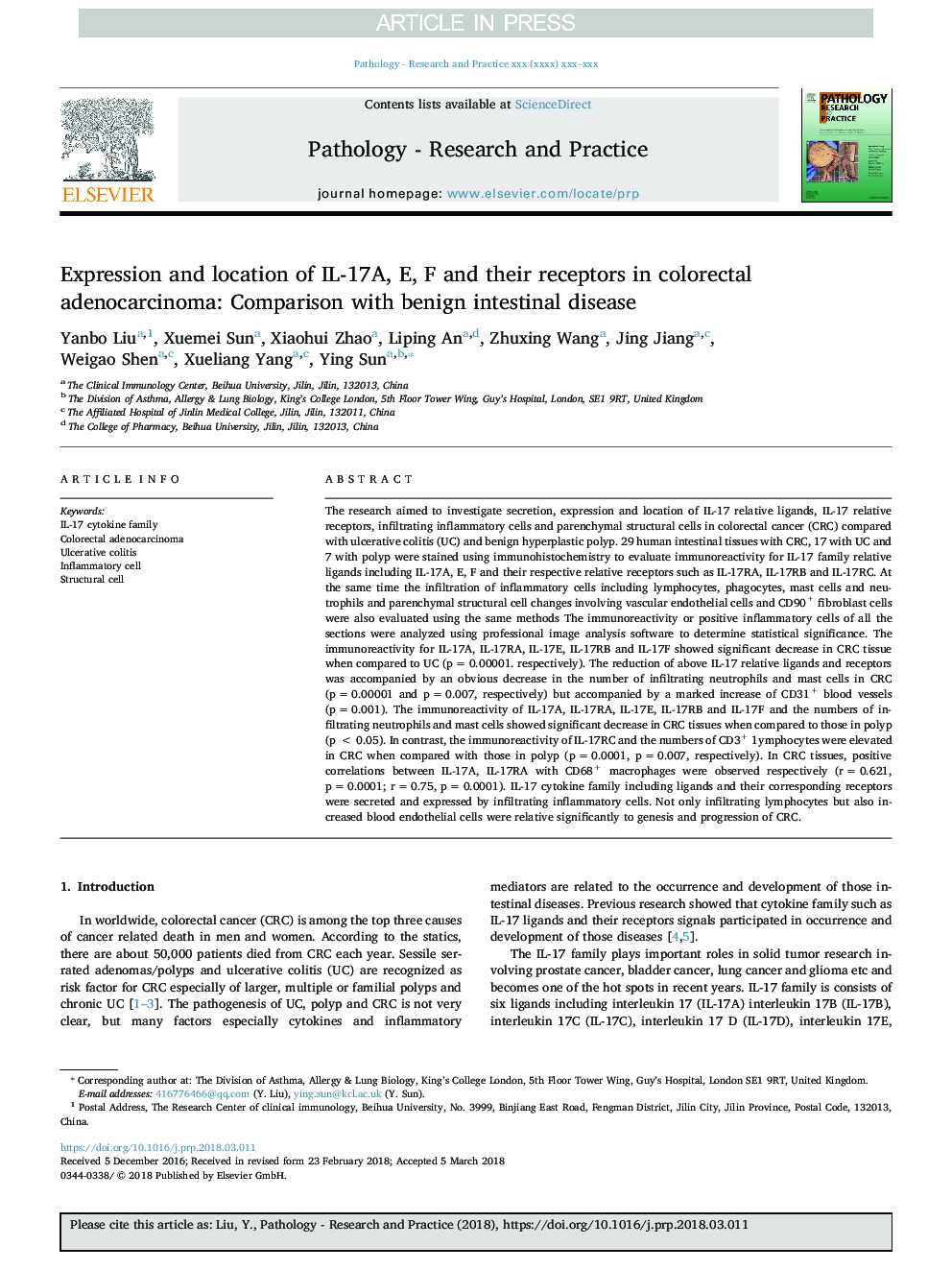 Expression and location of IL-17A, E, F and their receptors in colorectal adenocarcinoma: Comparison with benign intestinal disease