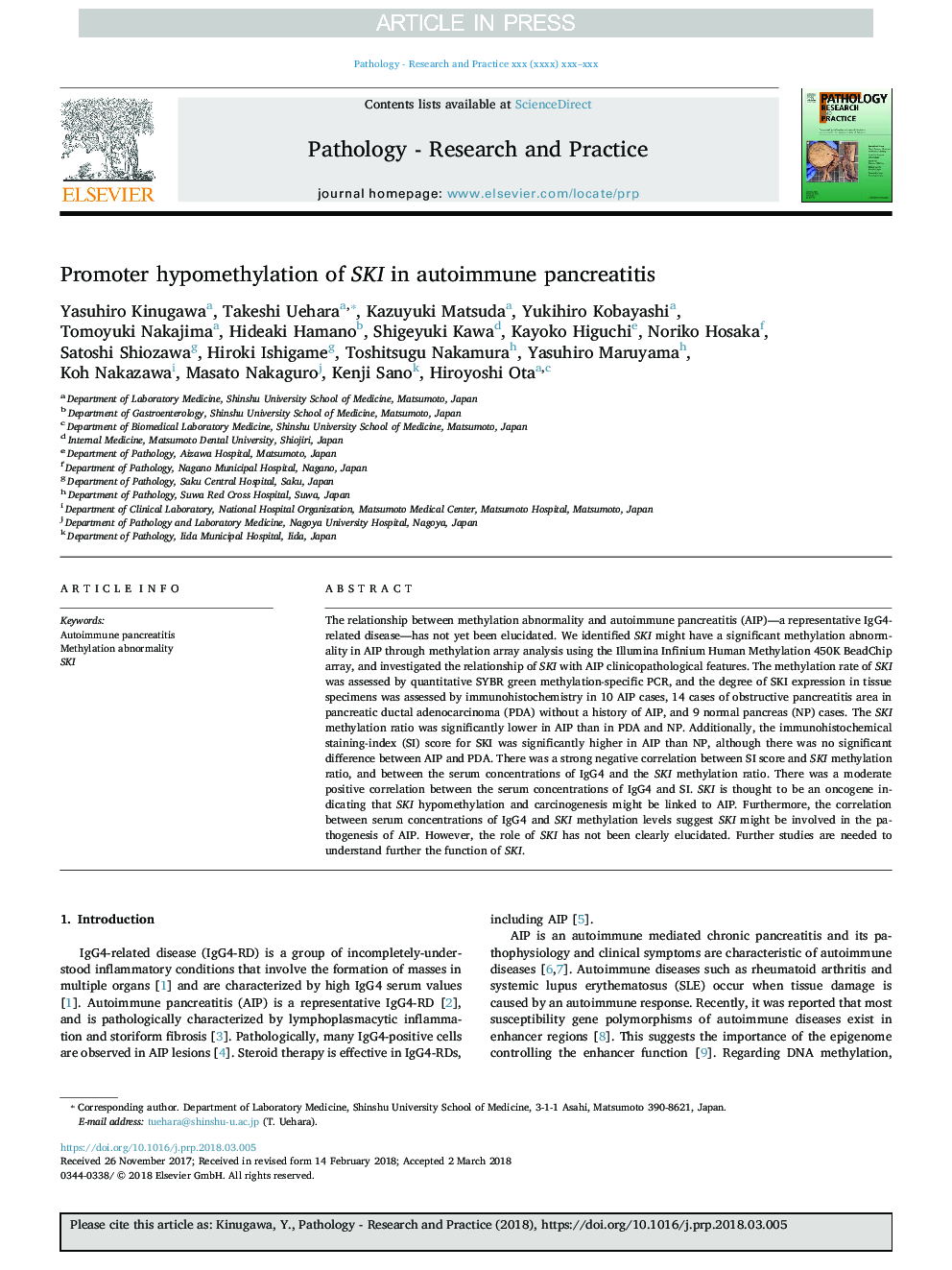 Promoter hypomethylation of SKI in autoimmune pancreatitis
