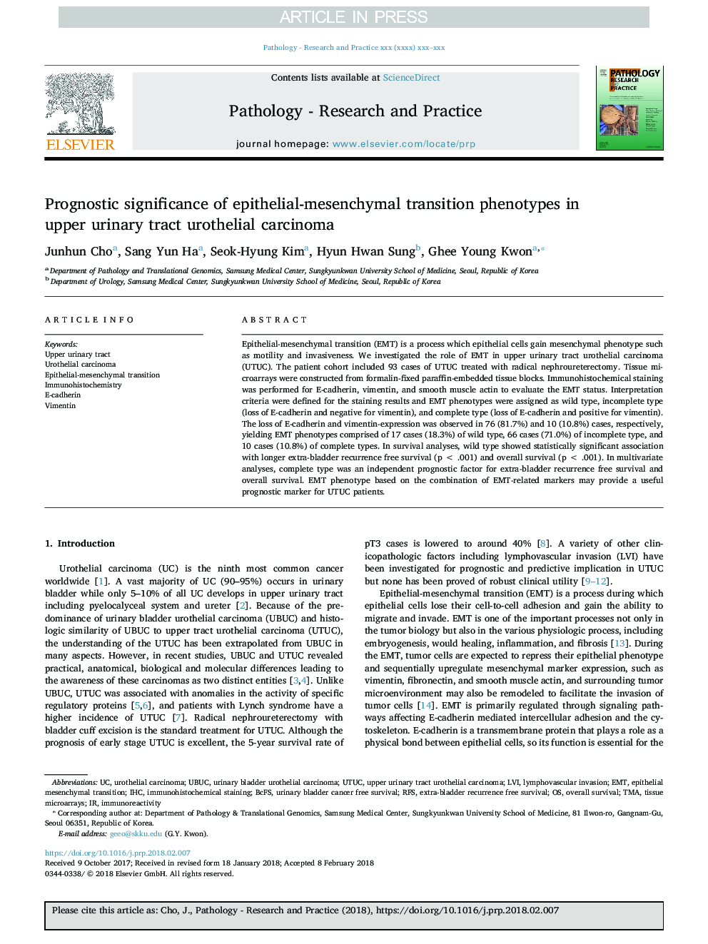 Prognostic significance of epithelial-mesenchymal transition phenotypes in upper urinary tract urothelial carcinoma