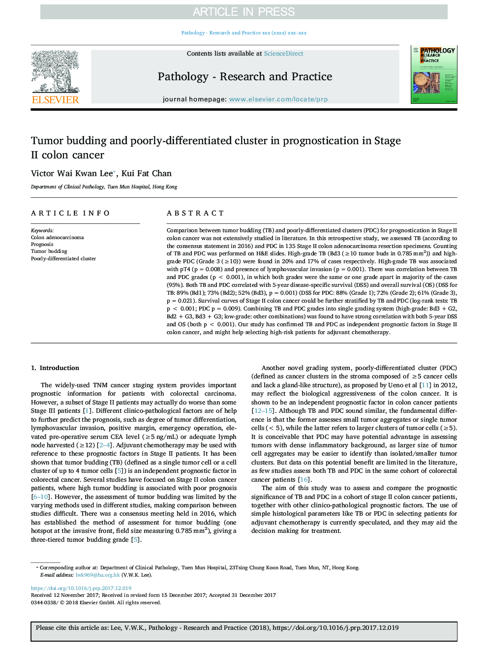 Tumor budding and poorly-differentiated cluster in prognostication in Stage II colon cancer