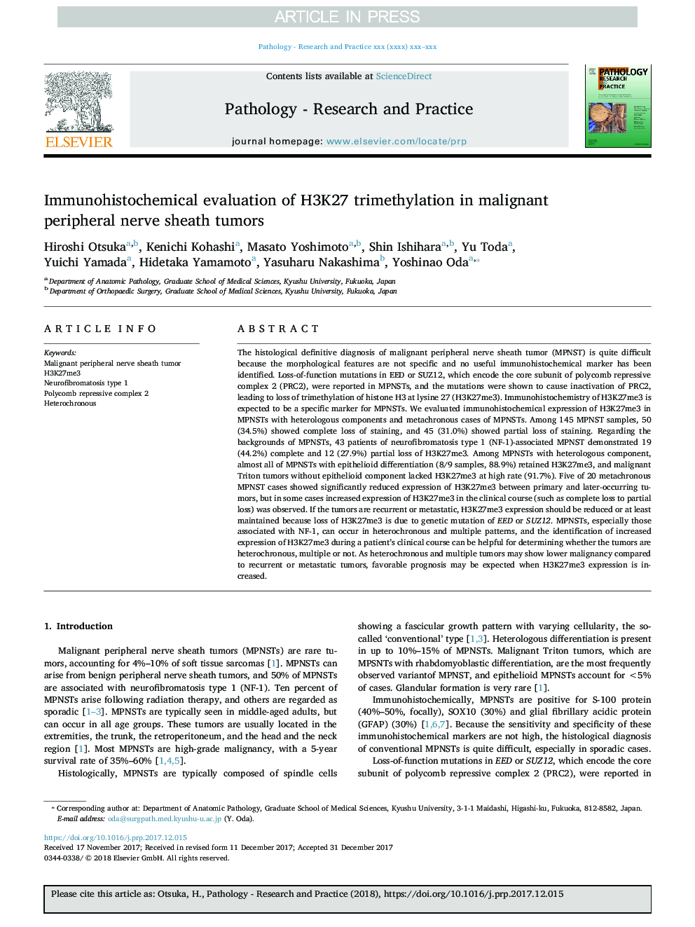 Immunohistochemical evaluation of H3K27 trimethylation in malignant peripheral nerve sheath tumors