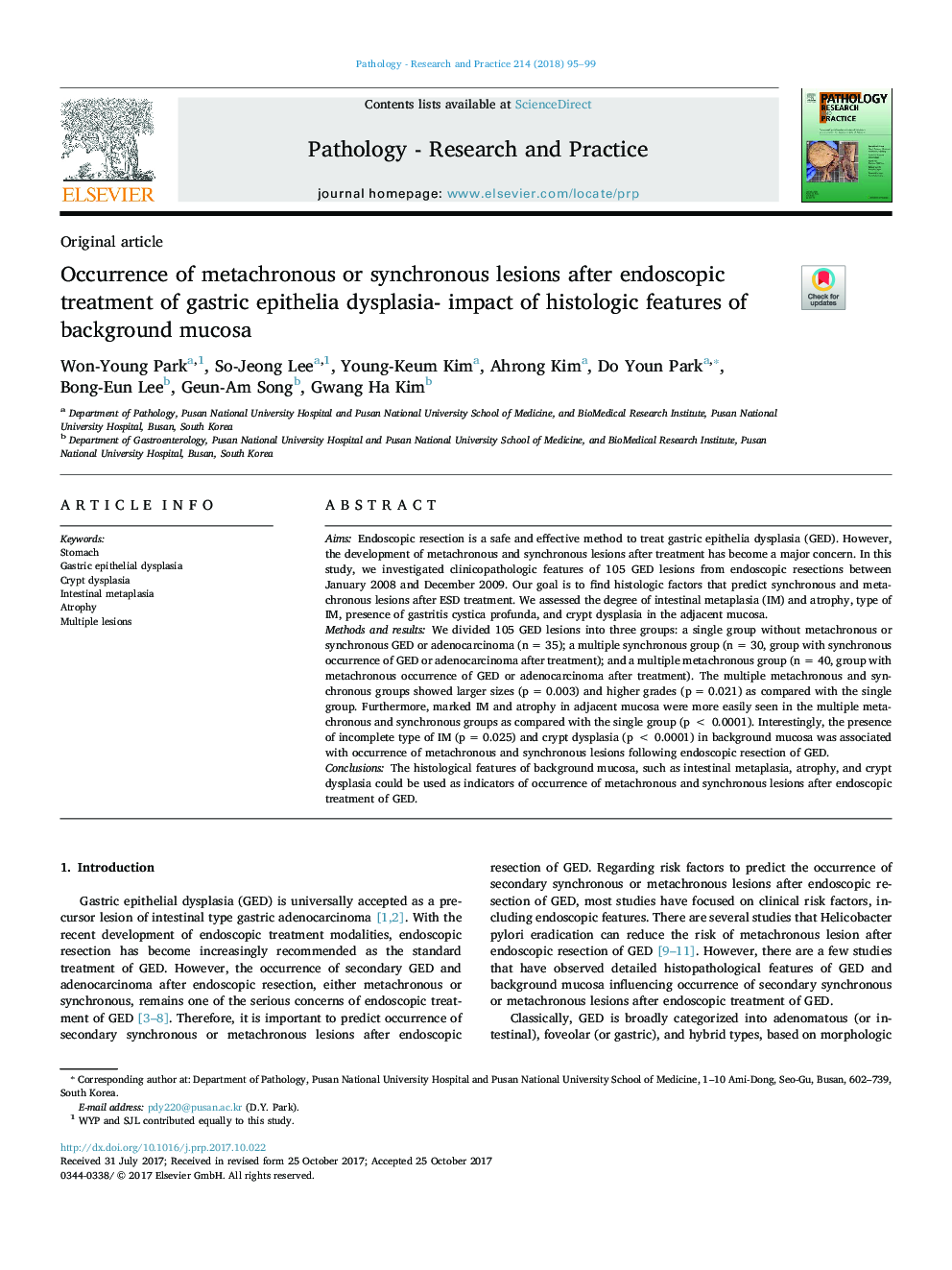 Occurrence of metachronous or synchronous lesions after endoscopic treatment of gastric epithelia dysplasia- impact of histologic features of background mucosa