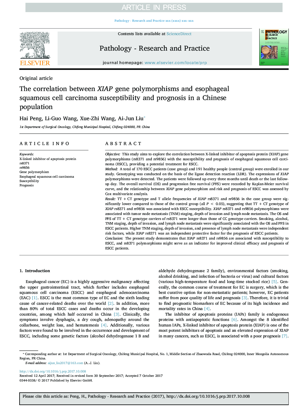 عکس صفحه اول مقاله: The correlation between XIAP gene polymorphisms and esophageal squamous cell carcinoma susceptibility and prognosis in a Chinese population The correlation between XIAP gene polymorphisms and esophageal squamous cell carcinoma susceptibility and prognosis in a Chinese population
