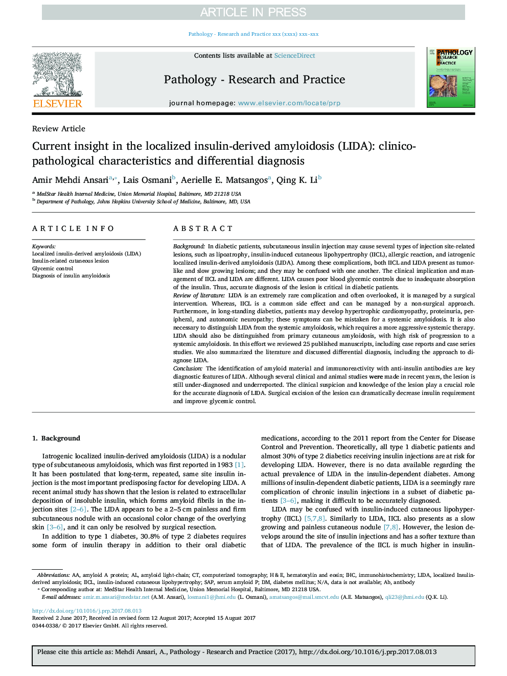 Current insight in the localized insulin-derived amyloidosis (LIDA): clinico-pathological characteristics and differential diagnosis