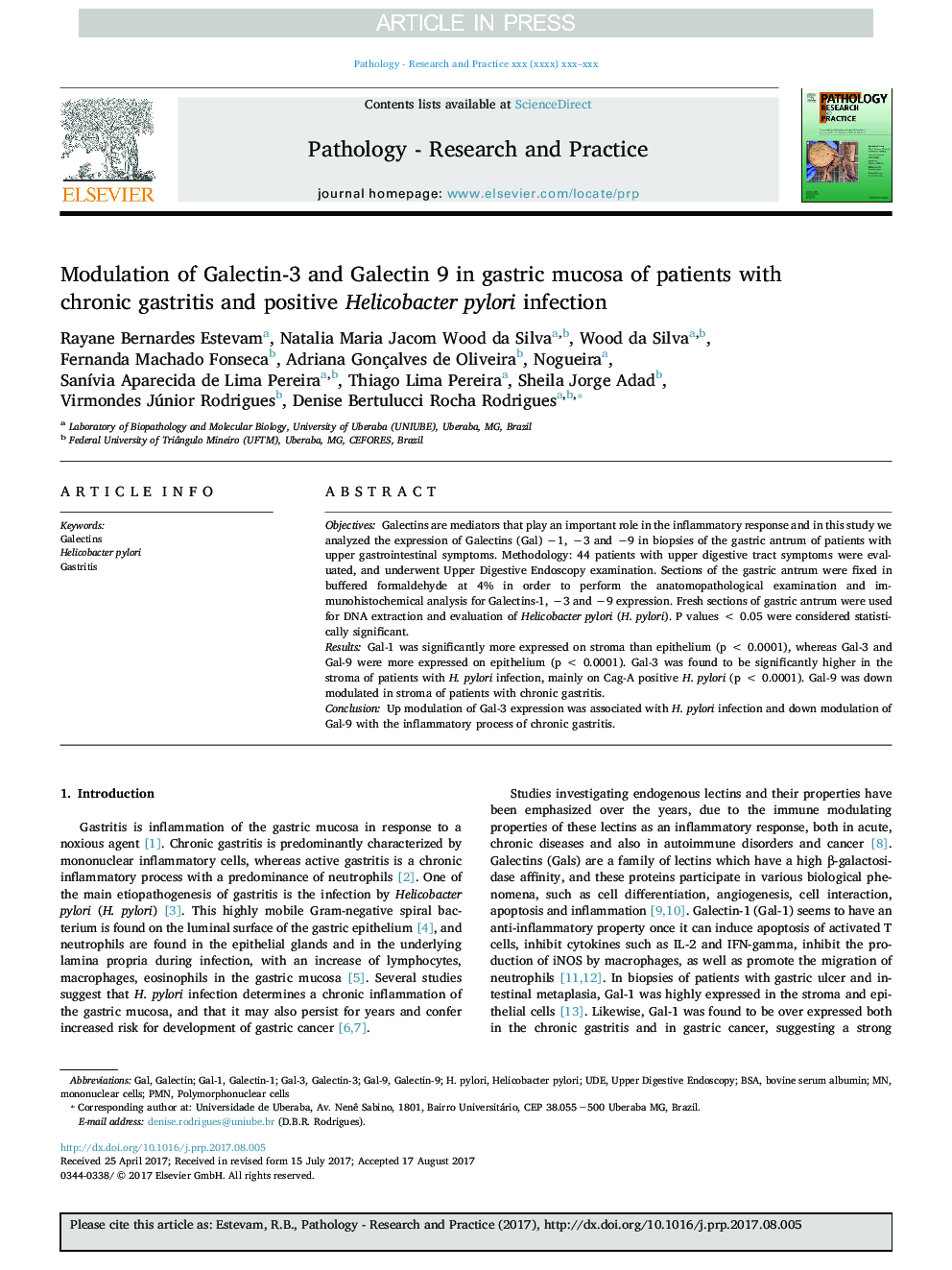 Modulation of Galectin-3 and Galectin 9 in gastric mucosa of patients with chronic gastritis and positive Helicobacter pylori infection