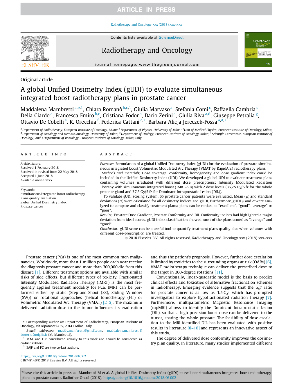 A global Unified Dosimetry Index (gUDI) to evaluate simultaneous integrated boost radiotherapy plans in prostate cancer