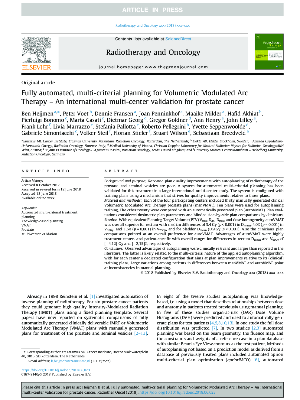 Fully automated, multi-criterial planning for Volumetric Modulated Arc Therapy - An international multi-center validation for prostate cancer