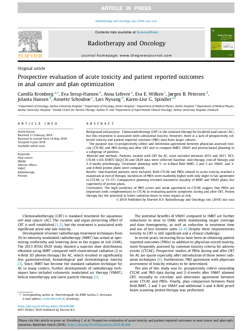 Prospective evaluation of acute toxicity and patient reported outcomes in anal cancer and plan optimization