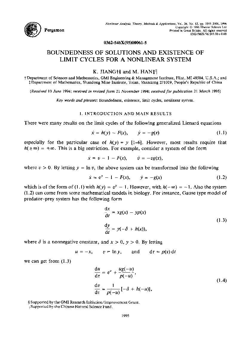 Boundedness of solutions and existence of limit cycles for a nonlinear system