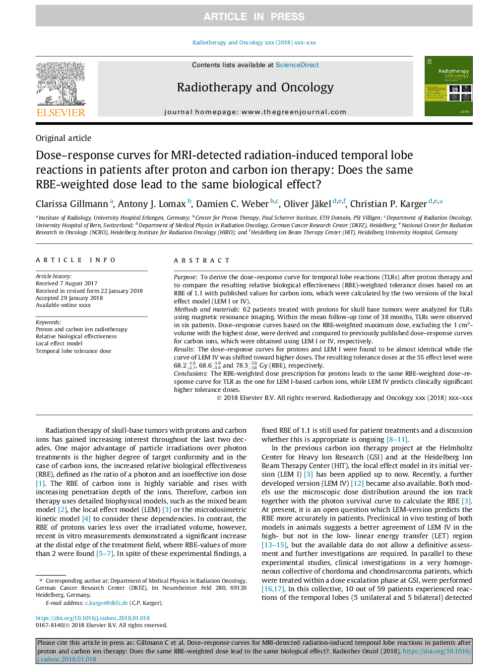 Dose-response curves for MRI-detected radiation-induced temporal lobe reactions in patients after proton and carbon ion therapy: Does the same RBE-weighted dose lead to the same biological effect?