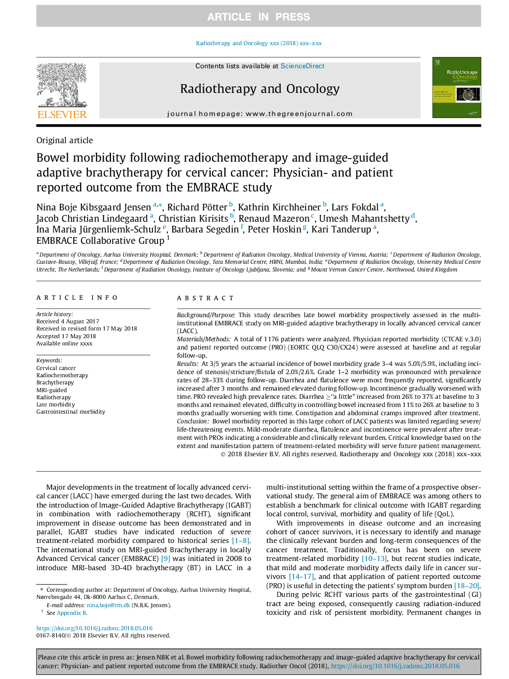 Bowel morbidity following radiochemotherapy and image-guided adaptive brachytherapy for cervical cancer: Physician- and patient reported outcome from the EMBRACE study