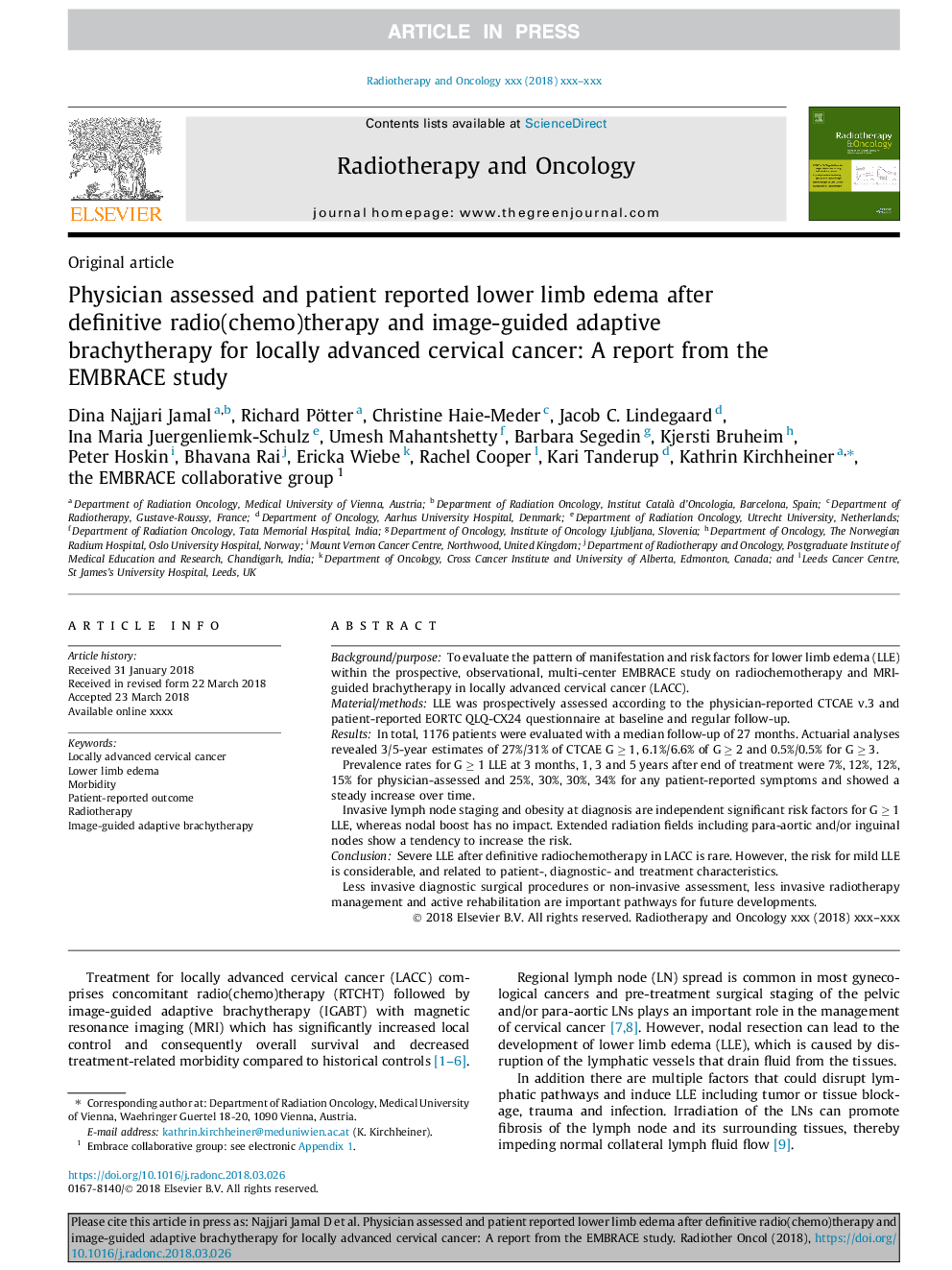 Physician assessed and patient reported lower limb edema after definitive radio(chemo)therapy and image-guided adaptive brachytherapy for locally advanced cervical cancer: A report from the EMBRACE study