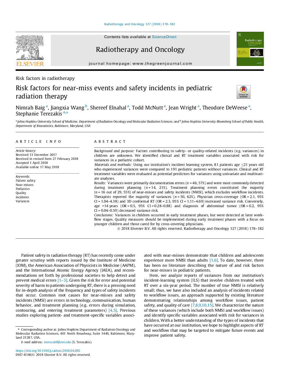 Risk factors for near-miss events and safety incidents in pediatric radiation therapy