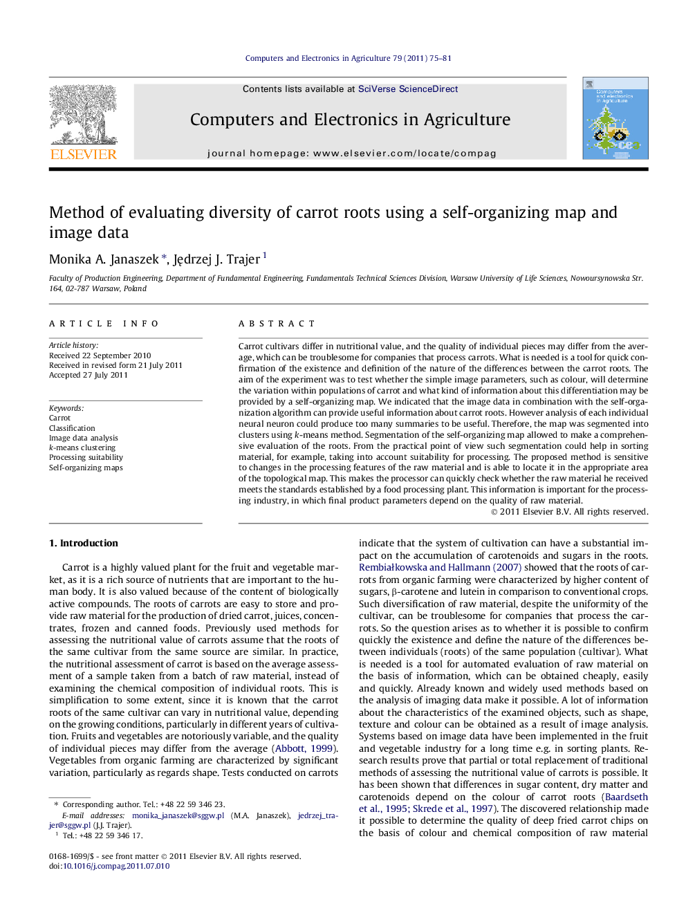 Method of evaluating diversity of carrot roots using a self-organizing map and image data