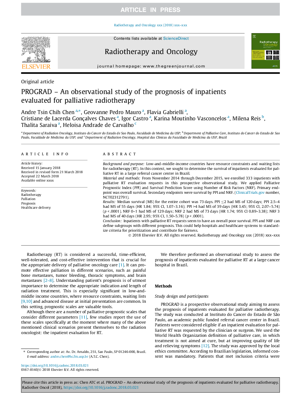 PROGRAD - An observational study of the prognosis of inpatients evaluated for palliative radiotherapy