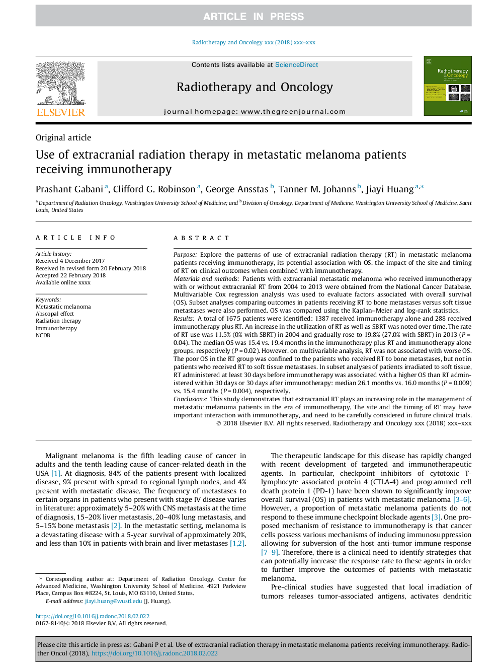 Use of extracranial radiation therapy in metastatic melanoma patients receiving immunotherapy