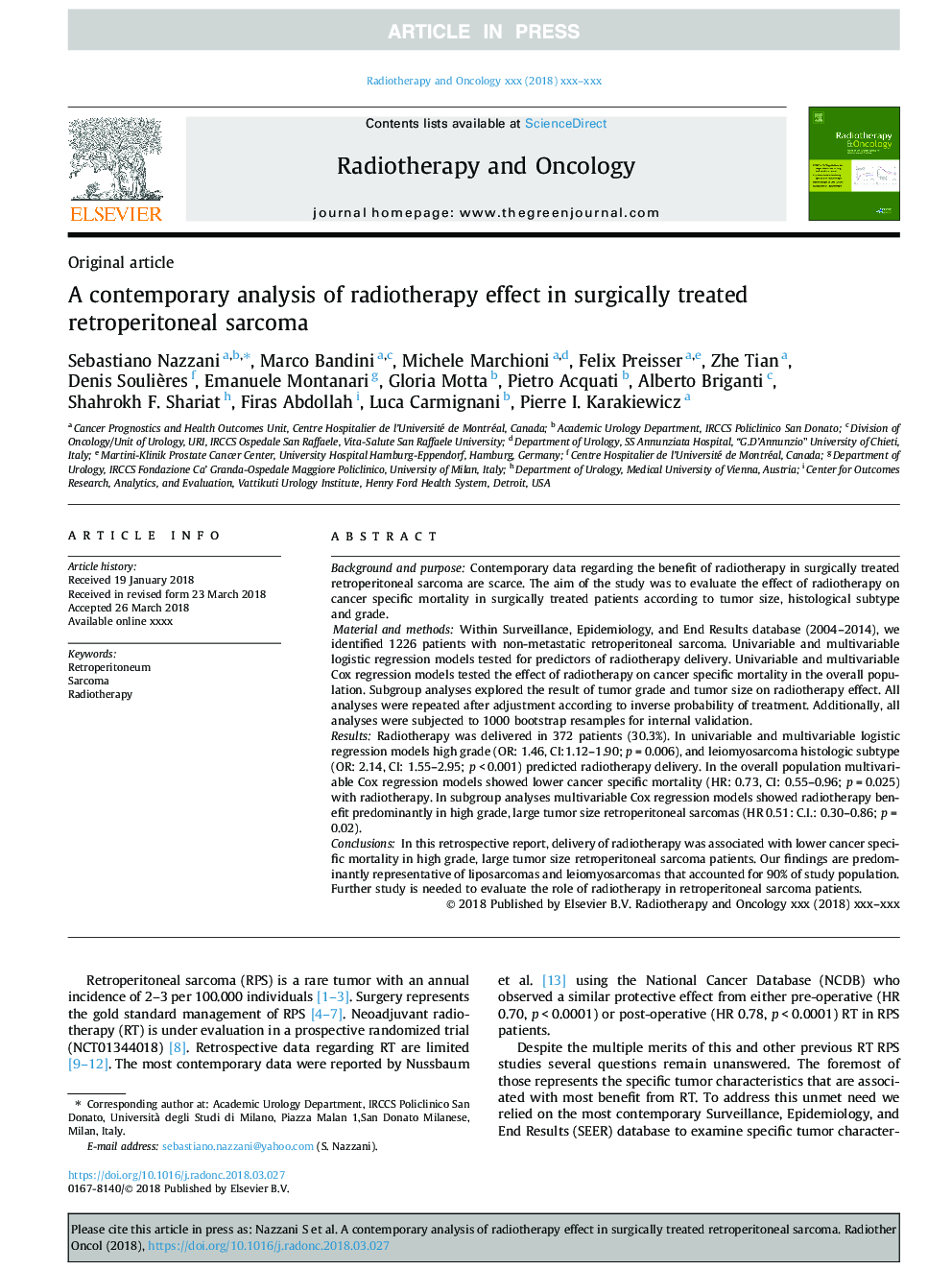 A contemporary analysis of radiotherapy effect in surgically treated retroperitoneal sarcoma