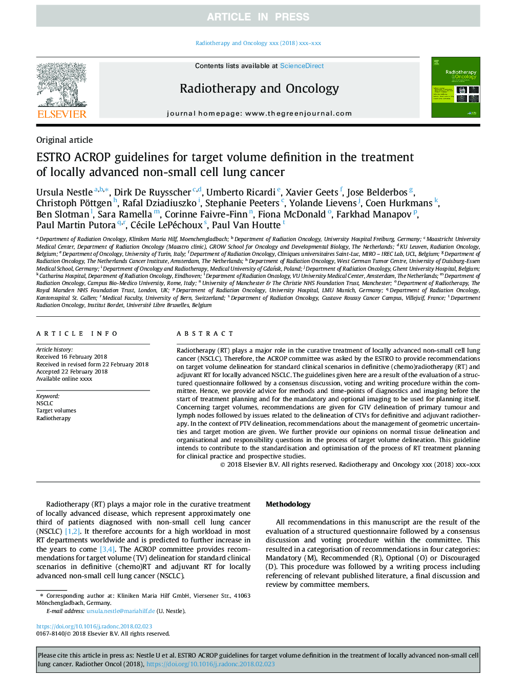 ESTRO ACROP guidelines for target volume definition in the treatment of locally advanced non-small cell lung cancer