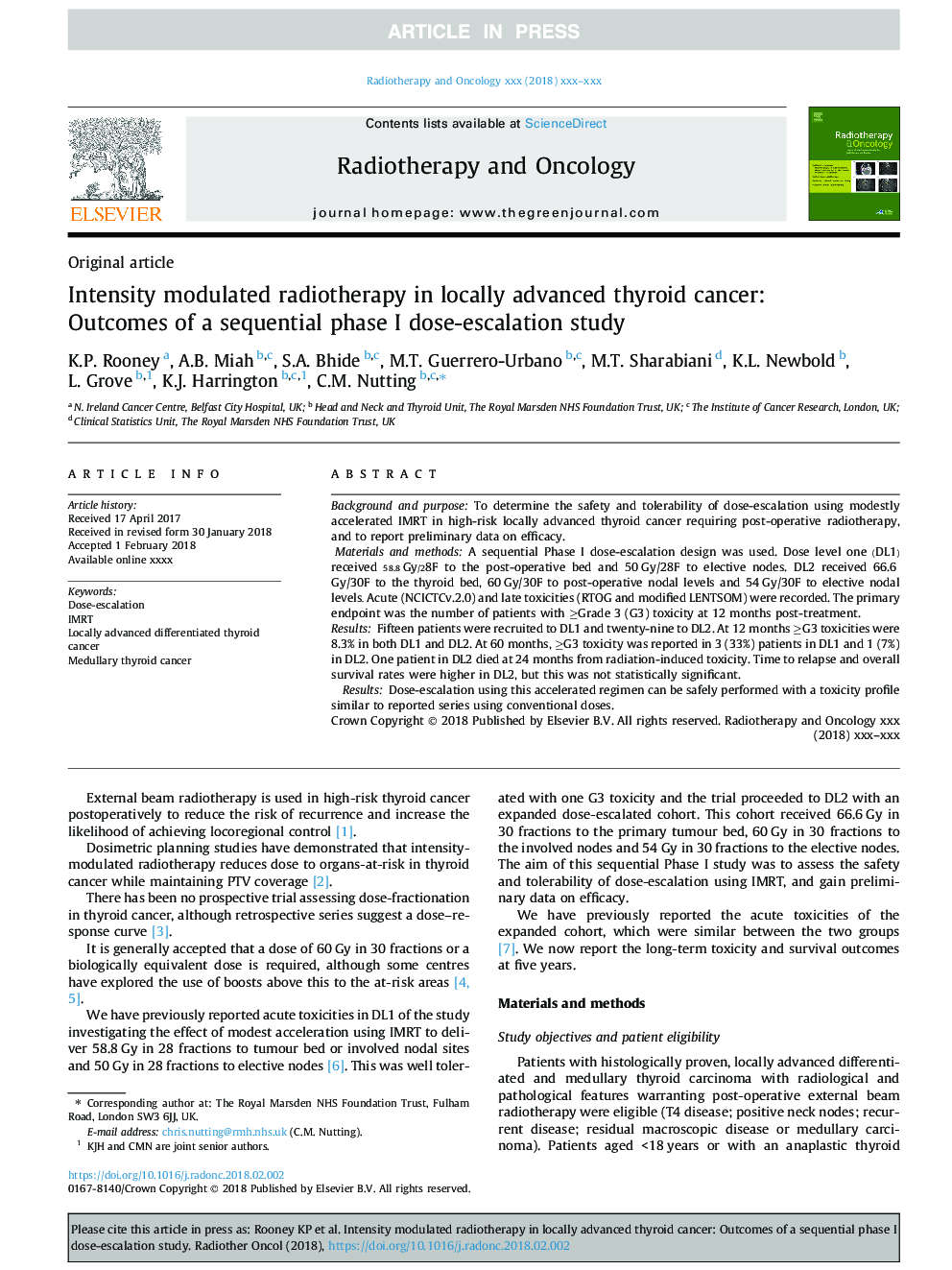 Intensity modulated radiotherapy in locally advanced thyroid cancer: Outcomes of a sequential phase I dose-escalation study