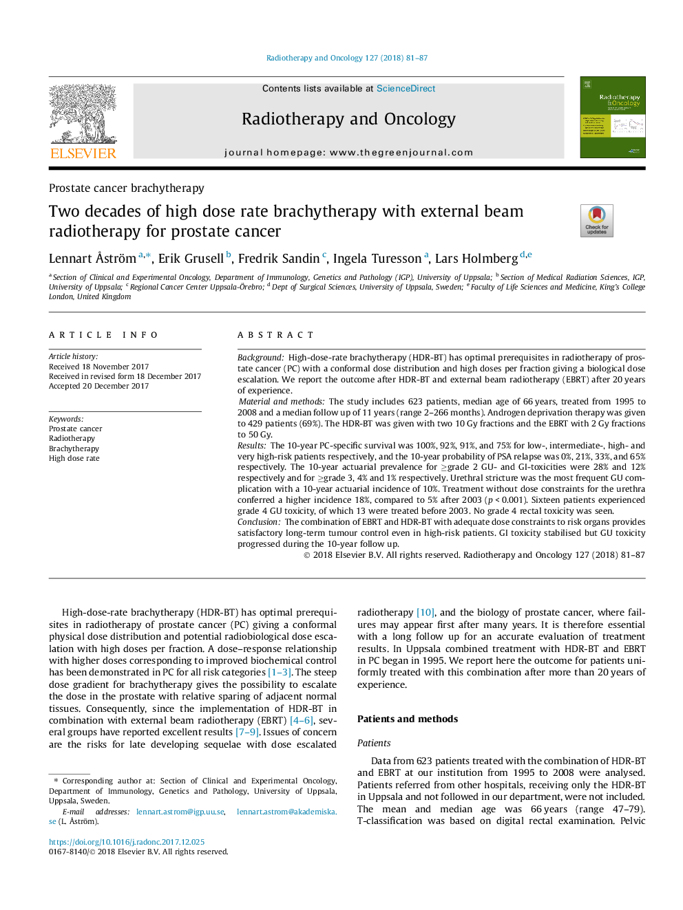 Two decades of high dose rate brachytherapy with external beam radiotherapy for prostate cancer