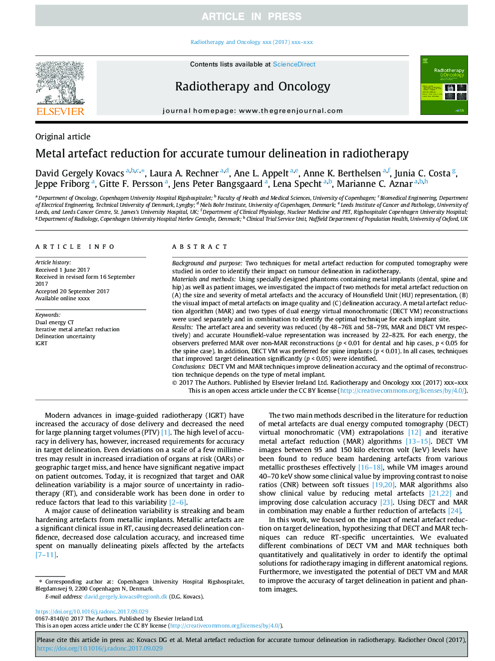 Metal artefact reduction for accurate tumour delineation in radiotherapy