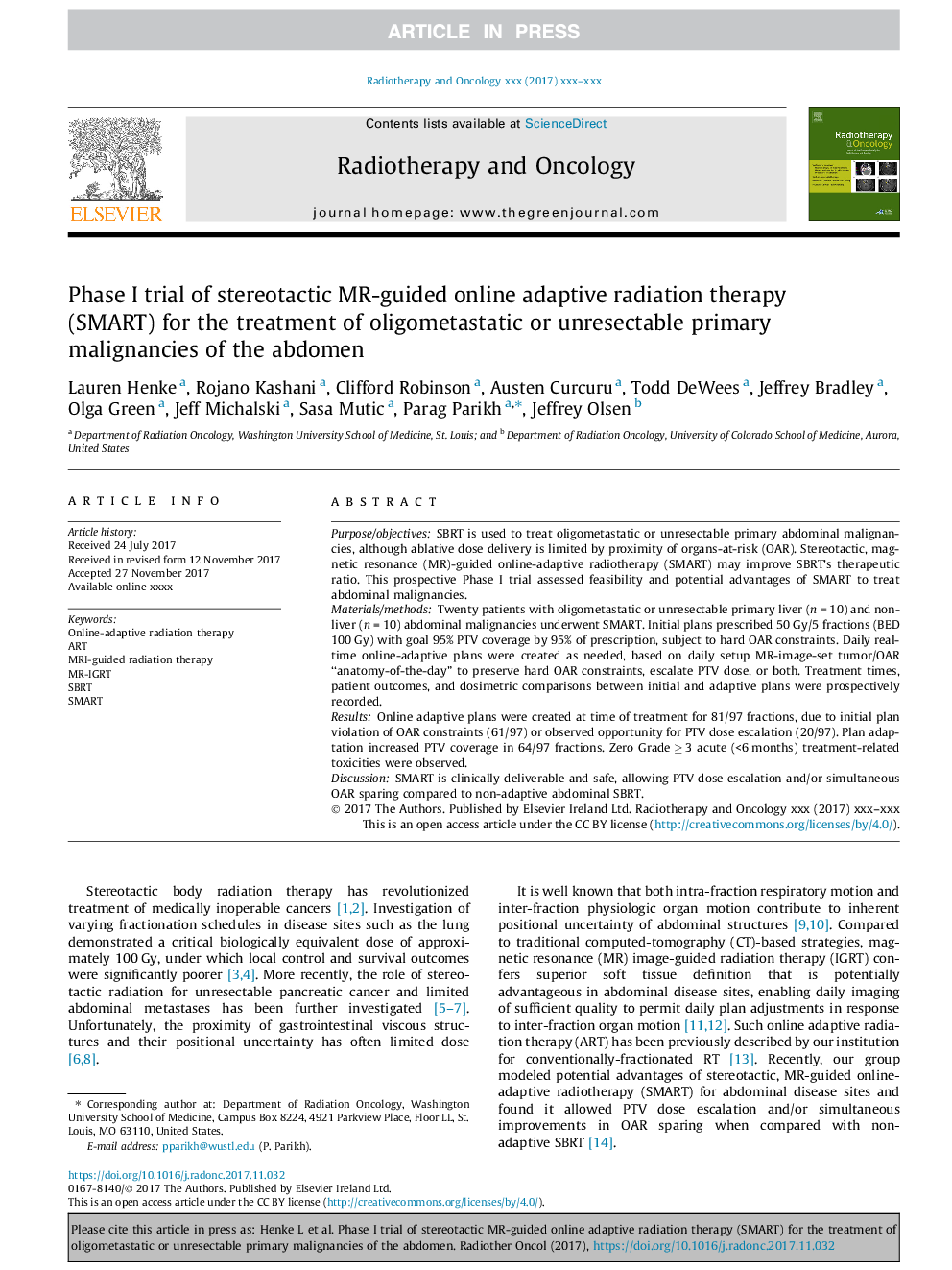 Phase I trial of stereotactic MR-guided online adaptive radiation therapy (SMART) for the treatment of oligometastatic or unresectable primary malignancies of the abdomen