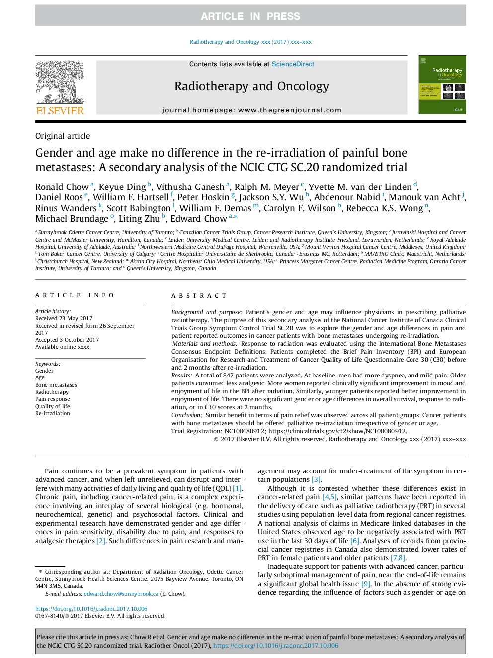 Gender and age make no difference in the re-irradiation of painful bone metastases: A secondary analysis of the NCIC CTG SC.20 randomized trial