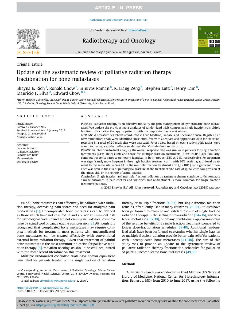 Update of the systematic review of palliative radiation therapy fractionation for bone metastases