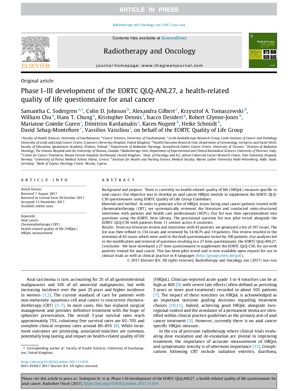 Phase I-III development of the EORTC QLQ-ANL27, a health-related quality of life questionnaire for anal cancer