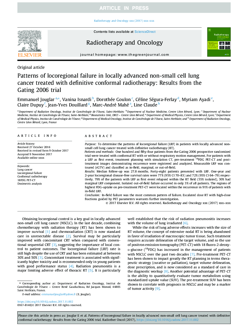 Patterns of locoregional failure in locally advanced non-small cell lung cancer treated with definitive conformal radiotherapy: Results from the Gating 2006 trial