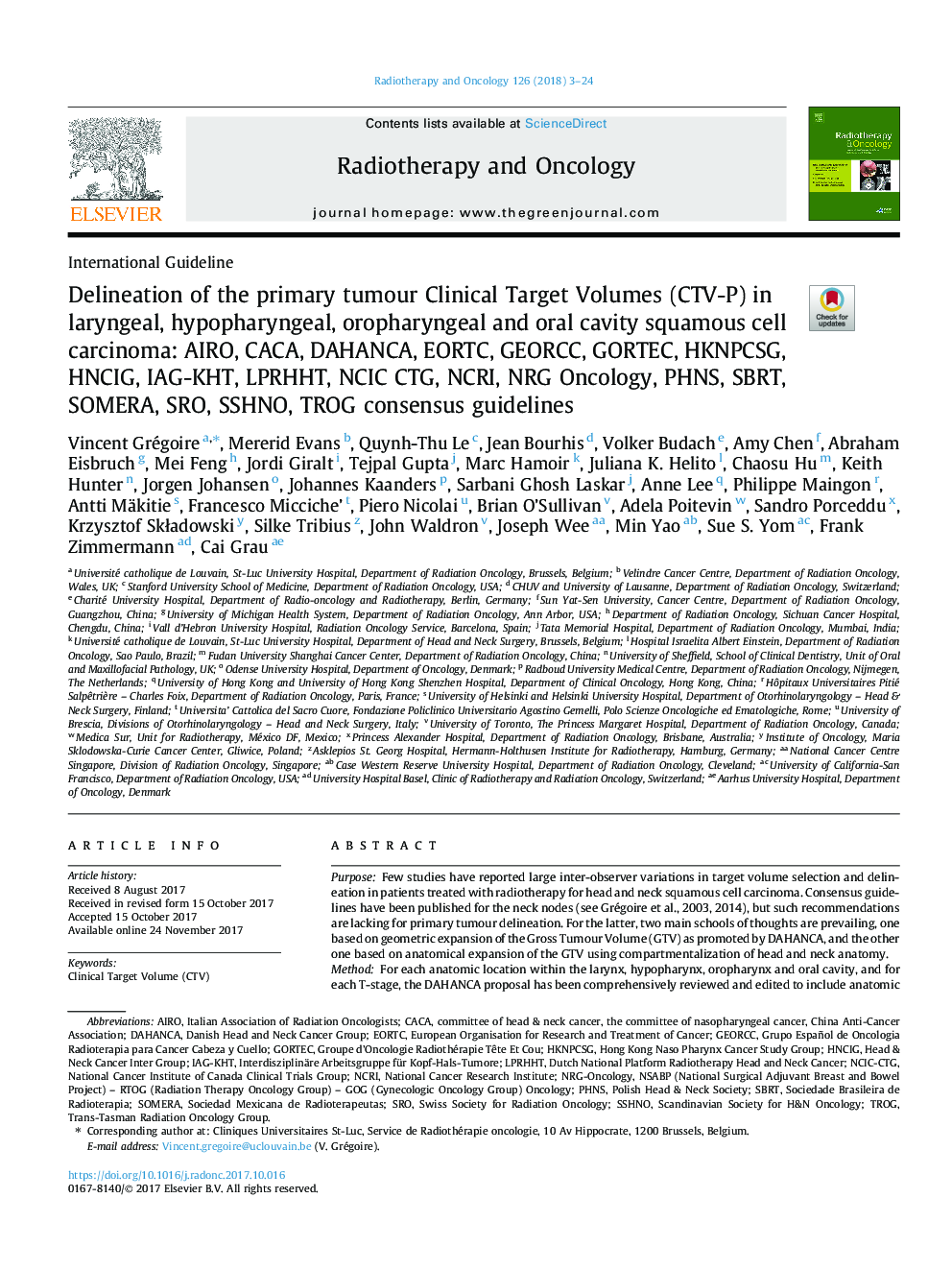 عکس صفحه اول مقاله: Delineation of the primary tumour Clinical Target Volumes (CTV-P) in laryngeal, hypopharyngeal, oropharyngeal and oral cavity squamous cell carcinoma: AIRO, CACA, DAHANCA, EORTC, GEORCC, GORTEC, HKNPCSG, HNCIG, IAG-KHT, LPRHHT, NCIC CTG, NCRI, NRG Oncolog Delineation of the primary tumour Clinical Target Volumes (CTV-P) in laryngeal, hypopharyngeal, oropharyngeal and oral cavity squamous cell carcinoma: AIRO, CACA, DAHANCA, EORTC, GEORCC, GORTEC, HKNPCSG, HNCIG, IAG-KHT, LPRHHT, NCIC CTG, NCRI, NRG Oncolog