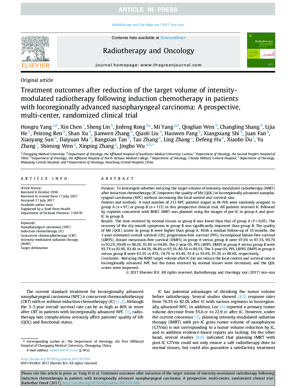 Treatment outcomes after reduction of the target volume of intensity-modulated radiotherapy following induction chemotherapy in patients with locoregionally advanced nasopharyngeal carcinoma: A prospective, multi-center, randomized clinical trial