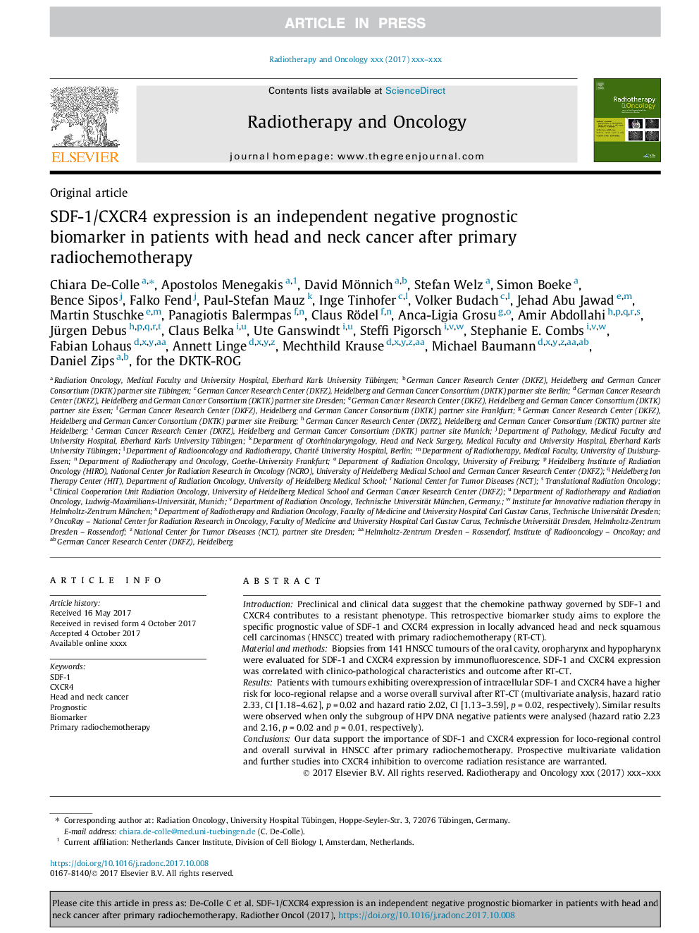 SDF-1/CXCR4 expression is an independent negative prognostic biomarker in patients with head and neck cancer after primary radiochemotherapy