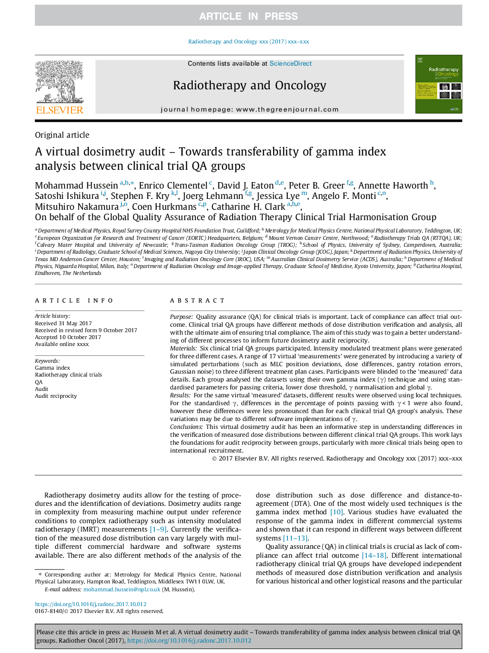 A virtual dosimetry audit - Towards transferability of gamma index analysis between clinical trial QA groups