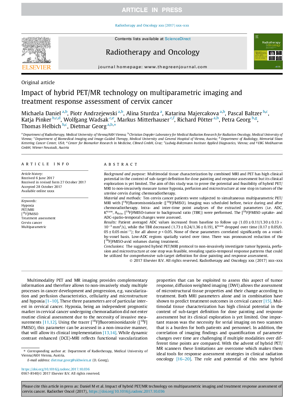 Impact of hybrid PET/MR technology on multiparametric imaging and treatment response assessment of cervix cancer