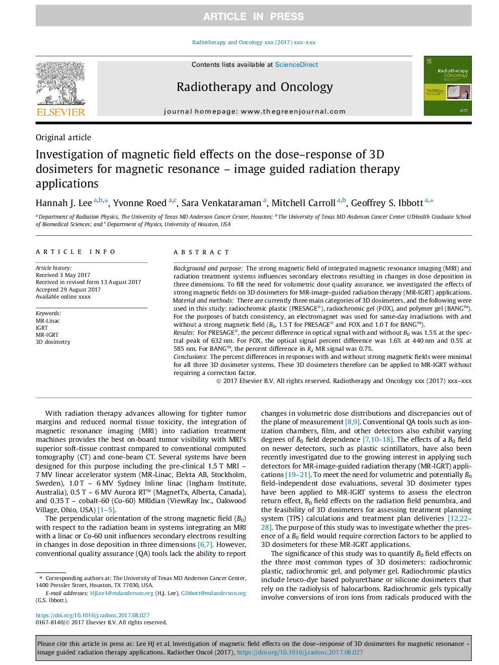 Investigation of magnetic field effects on the dose-response of 3D dosimeters for magnetic resonance - image guided radiation therapy applications