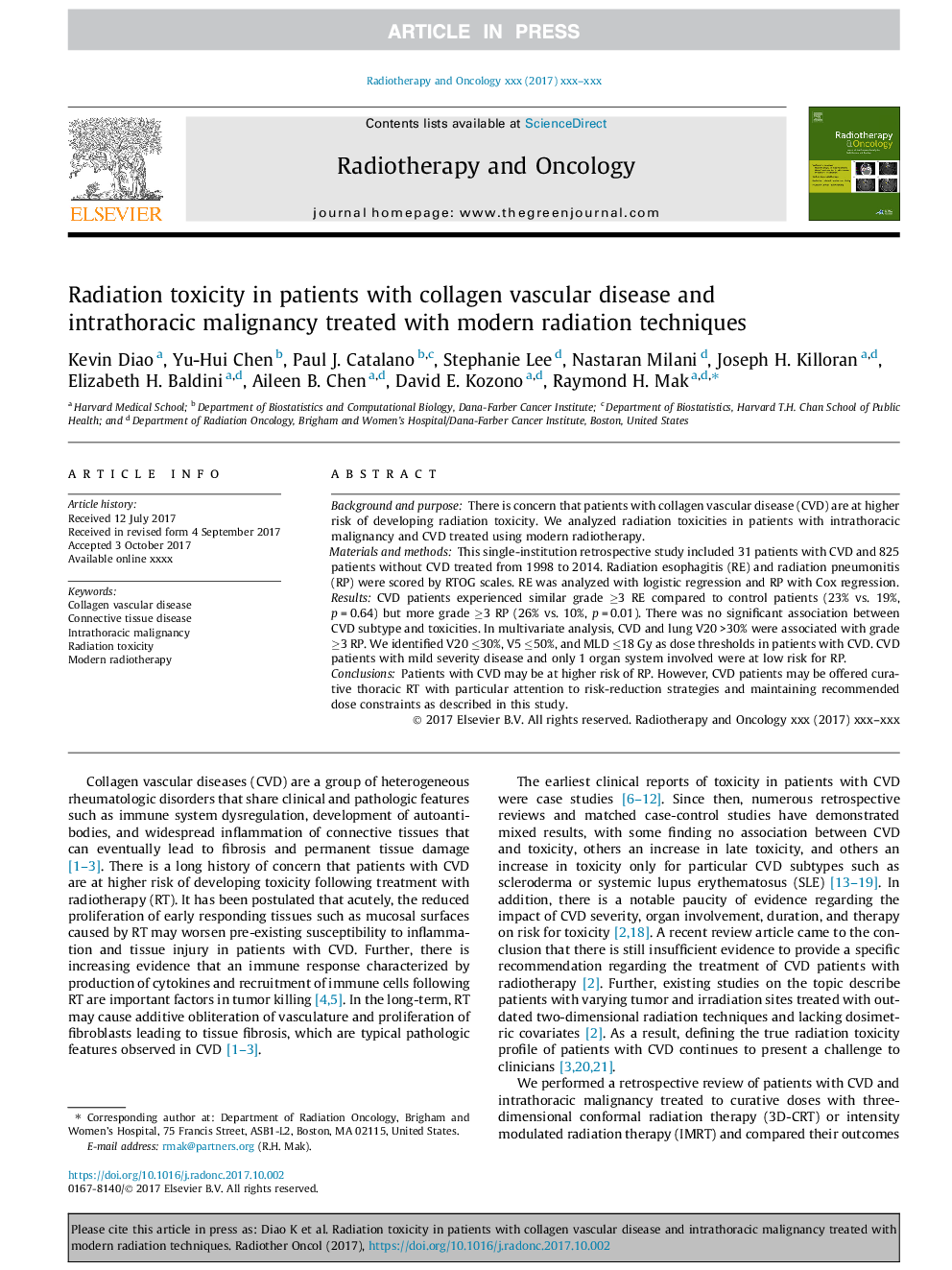 Radiation toxicity in patients with collagen vascular disease and intrathoracic malignancy treated with modern radiation techniques