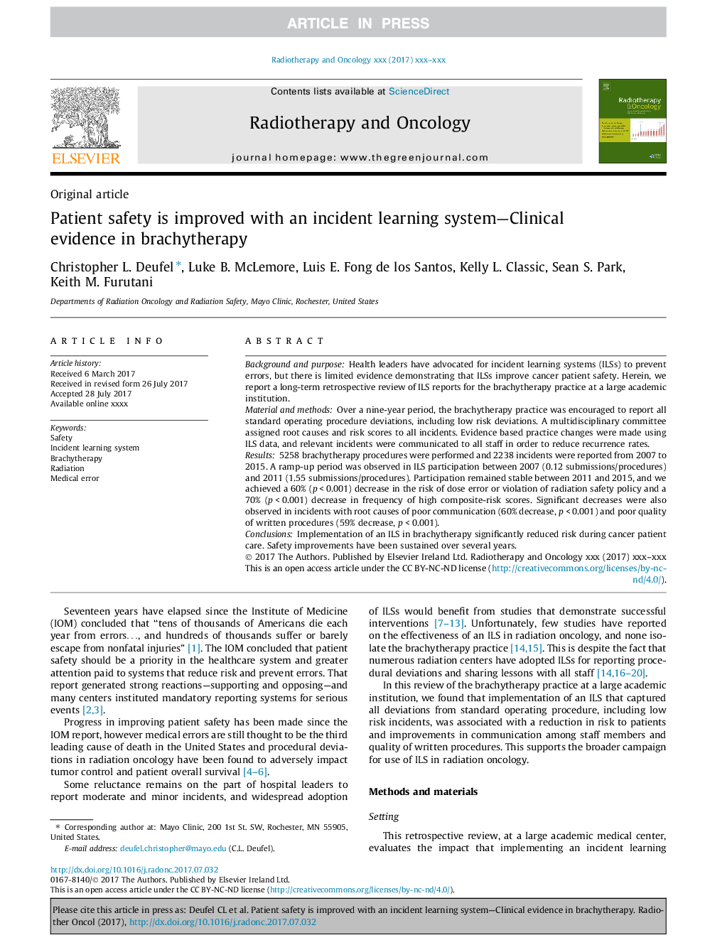 Patient safety is improved with an incident learning system-Clinical evidence in brachytherapy