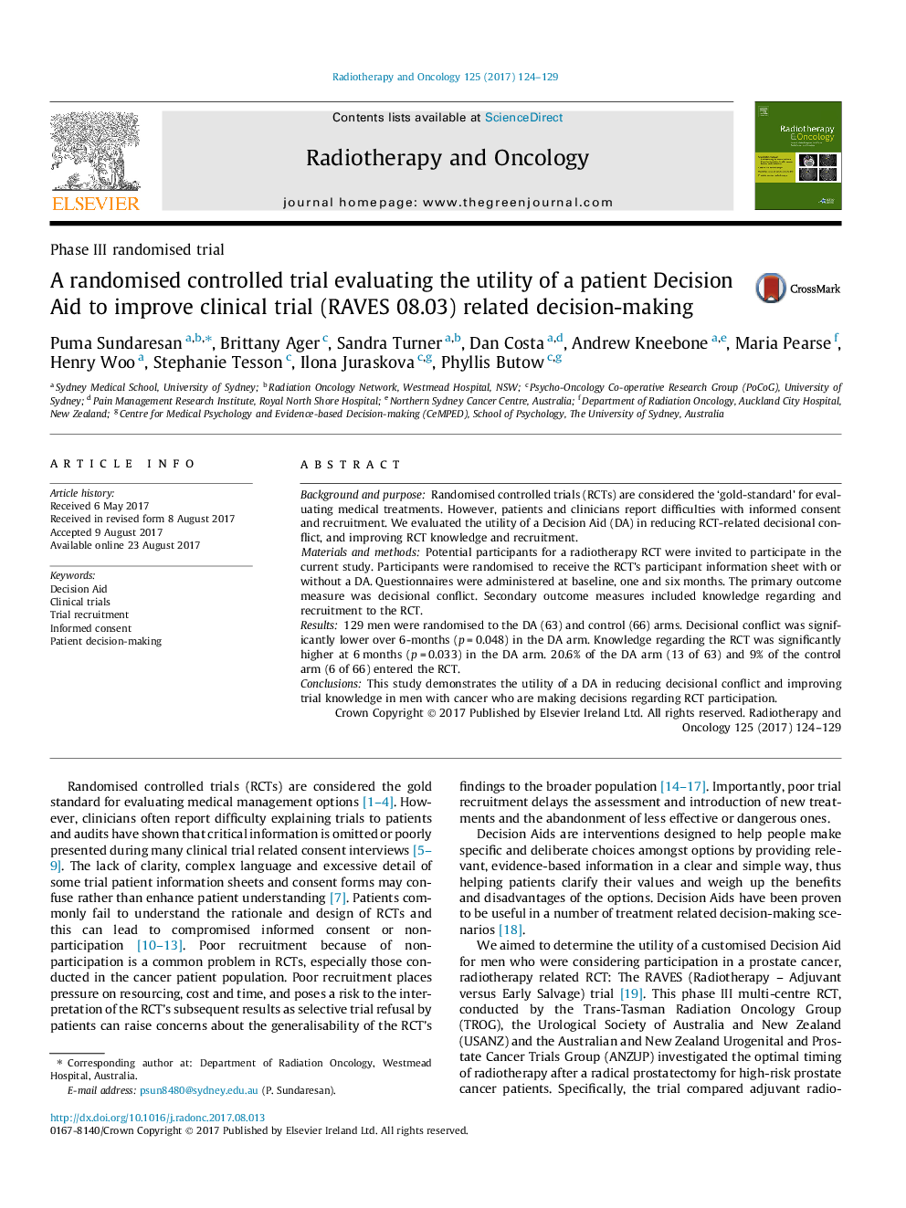 A randomised controlled trial evaluating the utility of a patient Decision Aid to improve clinical trial (RAVES 08.03) related decision-making