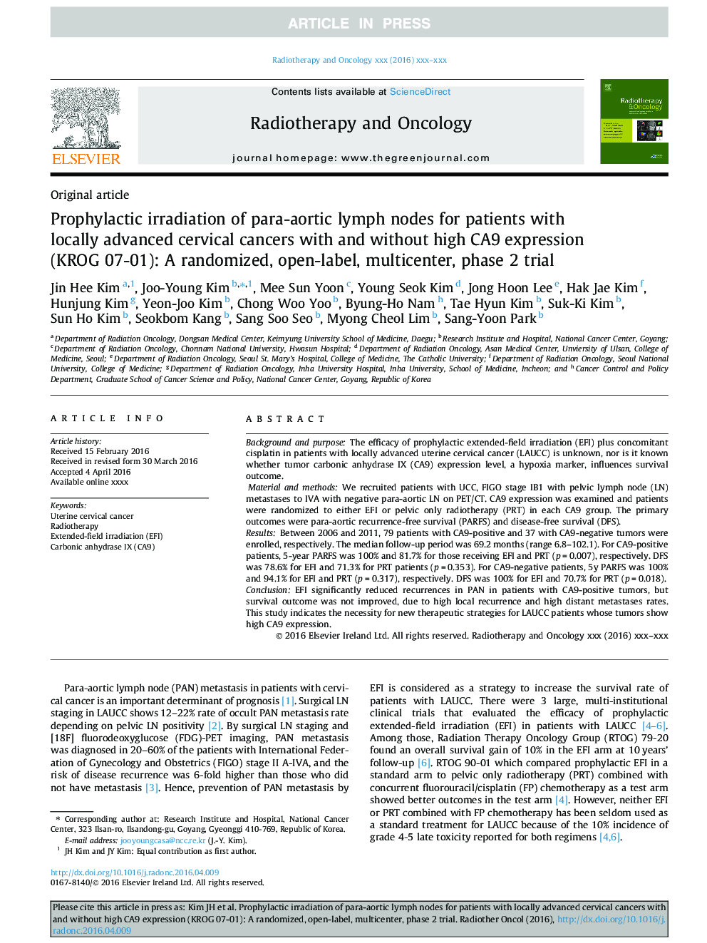 Prophylactic irradiation of para-aortic lymph nodes for patients with locally advanced cervical cancers with and without high CA9 expression (KROG 07-01): A randomized, open-label, multicenter, phase 2 trial